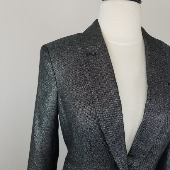 Tory Burch Metallic Black & Silver Shimmer Button Front Blazer Suit Jacket NWOT - Picture 2 of 10